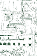 Charger l'image dans la galerie, Alberoro est un paysage de Toscane où les vieilles bâtisses de pierres côtoient les oliviers et les cyprès. Sous le soleil, l’ombres des persiennes et la fraîcheur des loggias invitent à la farniente. Le panoramique a un trait vert, dessin à la main par Mayeul Gauvin.