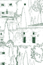 Charger l'image dans la galerie, Alberoro est un paysage de Toscane où les vieilles bâtisses de pierres côtoient les oliviers et les cyprès. Sous le soleil, l’ombres des persiennes et la fraîcheur des loggias invitent à la farniente. Le panoramique a un trait vert, dessin à la main par Mayeul Gauvin.