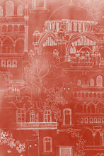 Charger l'image dans la galerie, Invitation au voyage, le panoramique Byzance nous emmène dans ses dédales de rues aux façades surannées. La nature s’y attache et les chats se prélassent. Fond ocre patiné et dessin à la main par Mayeul Gauvin.