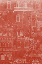 Charger l'image dans la galerie, Invitation au voyage, le panoramique Byzance nous emmène dans ses dédales de rues aux façades surannées. La nature s’y attache et les chats se prélassent. Fond ocre patiné et dessin à la main par Mayeul Gauvin.