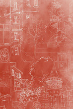 Charger l'image dans la galerie, Invitation au voyage, le panoramique Byzance nous emmène dans ses dédales de rues aux façades surannées. La nature s’y attache et les chats se prélassent. Fond ocre patiné et dessin à la main par Mayeul Gauvin.