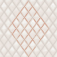 Charger l'image dans la galerie, Sur un fond couleur de soie se posent des losanges de neige, douceur d'aquarelle, et les pois de rouille, patinés par le temps et suspendus à un treillage d'ombre. Las, papier peint inspiré des intérieurs du XIXe, habillera vos murs de poésie et de délicates nuances de grège.