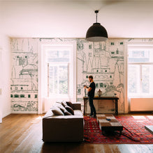 Charger l'image dans la galerie, Alberoro est un paysage de Toscane où les vieilles bâtisses de pierres côtoient les oliviers et les cyprès. Sous le soleil, l’ombres des persiennes et la fraîcheur des loggias invitent à la farniente. Le panoramique a un trait vert, dessin à la main par Mayeul Gauvin.