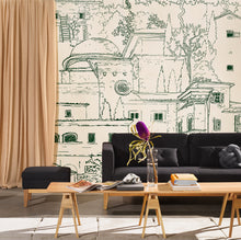 Charger l'image dans la galerie, Alberoro est un paysage de Toscane où les vieilles bâtisses de pierres côtoient les oliviers et les cyprès. Sous le soleil, l’ombres des persiennes et la fraîcheur des loggias invitent à la farniente. Le panoramique a un trait vert, dessin à la main par Mayeul Gauvin. Credit Photo @Design House Stockholm