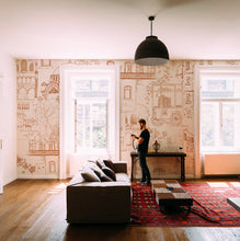 Charger l'image dans la galerie, Invitation au voyage, le panoramique Byzance nous emmène dans ses dédales de rues aux façades surannées. La nature s’y attache et les chats se prélassent. Fond crème trait rouille et dessin à la main par Mayeul Gauvin.