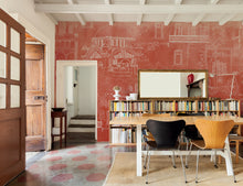 Charger l'image dans la galerie, Invitation au voyage, le panoramique Byzance nous emmène dans ses dédales de rues aux façades surannées. La nature s’y attache et les chats se prélassent. Fond ocre patiné et dessin à la main par Mayeul Gauvin.