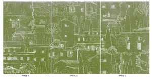 Alberoro est un paysage de Toscane où les vieilles bâtisses de pierres côtoient les oliviers et les cyprès. Sous le soleil, l’ombres des persiennes et la fraîcheur des loggias invitent à la farniente.  Le panoramique a un fond patiné vert olive, dessin à la main par Mayeul Gauvin.