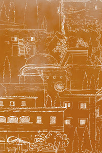 Alberoro est un paysage de Toscane où les vieilles bâtisses de pierres côtoient les oliviers et les cyprès. Sous le soleil, l’ombres des persiennes et la fraîcheur des loggias invitent à la farniente.  Le panoramique a un fond patiné orange courge, dessin à la main par Mayeul Gauvin.