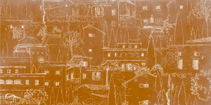 Alberoro est un paysage de Toscane où les vieilles bâtisses de pierres côtoient les oliviers et les cyprès. Sous le soleil, l’ombres des persiennes et la fraîcheur des loggias invitent à la farniente.  Le panoramique a un fond patiné orange courge, dessin à la main par Mayeul Gauvin.