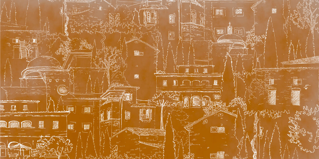 Alberoro est un paysage de Toscane où les vieilles bâtisses de pierres côtoient les oliviers et les cyprès. Sous le soleil, l’ombres des persiennes et la fraîcheur des loggias invitent à la farniente.  Le panoramique a un fond patiné orange courge, dessin à la main par Mayeul Gauvin.