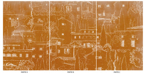 Alberoro est un paysage de Toscane où les vieilles bâtisses de pierres côtoient les oliviers et les cyprès. Sous le soleil, l’ombres des persiennes et la fraîcheur des loggias invitent à la farniente.  Le panoramique a un fond patiné orange courge, dessin à la main par Mayeul Gauvin.
