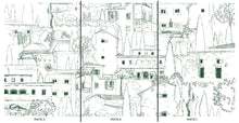 Charger l&#39;image dans la galerie, Alberoro est un paysage de Toscane où les vieilles bâtisses de pierres côtoient les oliviers et les cyprès. Sous le soleil, l’ombres des persiennes et la fraîcheur des loggias invitent à la farniente.  Le panoramique a un trait vert, dessin à la main par Mayeul Gauvin.
