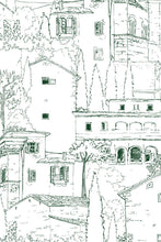 Charger l&#39;image dans la galerie, Alberoro est un paysage de Toscane où les vieilles bâtisses de pierres côtoient les oliviers et les cyprès. Sous le soleil, l’ombres des persiennes et la fraîcheur des loggias invitent à la farniente.  Le panoramique a un trait vert, dessin à la main par Mayeul Gauvin.
