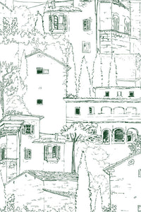 Alberoro est un paysage de Toscane où les vieilles bâtisses de pierres côtoient les oliviers et les cyprès. Sous le soleil, l’ombres des persiennes et la fraîcheur des loggias invitent à la farniente.  Le panoramique a un trait vert, dessin à la main par Mayeul Gauvin.