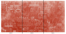 Charger l&#39;image dans la galerie, Invitation au voyage, le panoramique Byzance nous emmène dans ses dédales de rues aux façades surannées. La nature s’y attache et les chats se prélassent.  Fond ocre patiné et dessin à la main par Mayeul Gauvin.
