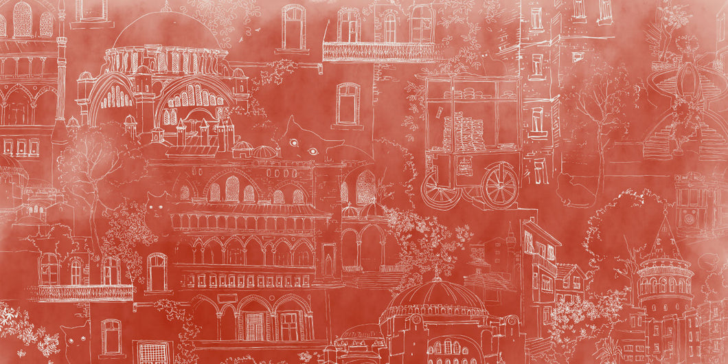 Invitation au voyage, le panoramique Byzance nous emmène dans ses dédales de rues aux façades surannées. La nature s’y attache et les chats se prélassent.  Fond ocre patiné et dessin à la main par Mayeul Gauvin.