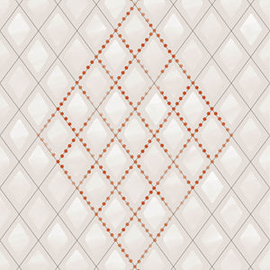 Sur un fond couleur de soie se posent des losanges de neige, douceur d'aquarelle, et les pois de rouille, patinés par le temps et suspendus à un treillage d'ombre. Las, papier peint inspiré des intérieurs du XIXe, habillera vos murs de poésie et de délicates nuances de grège.